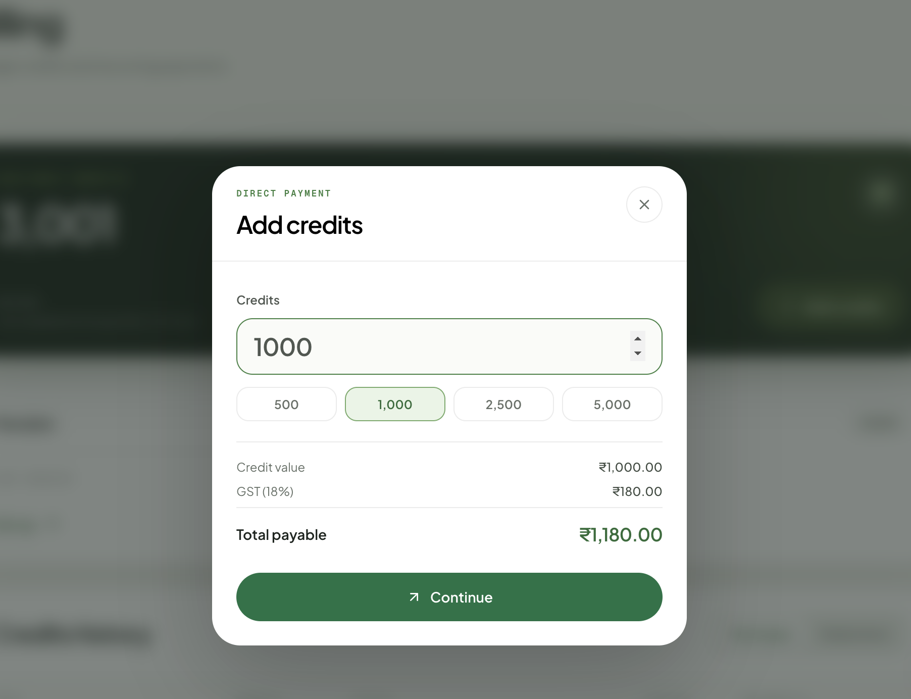 Add credits form with amount, GST, and total