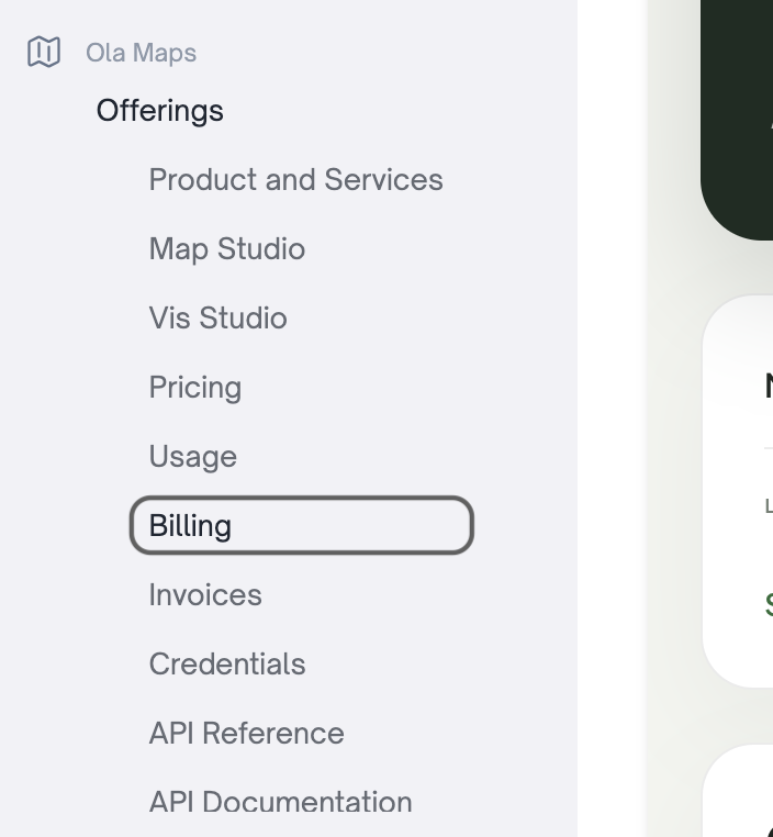 Billing option in the Ola Maps console navigation