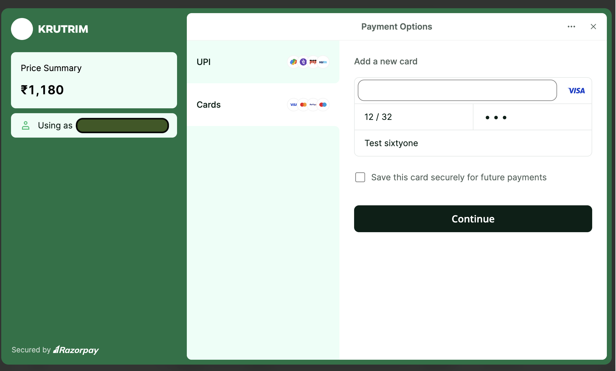 Secure checkout for purchasing Ola Maps credits