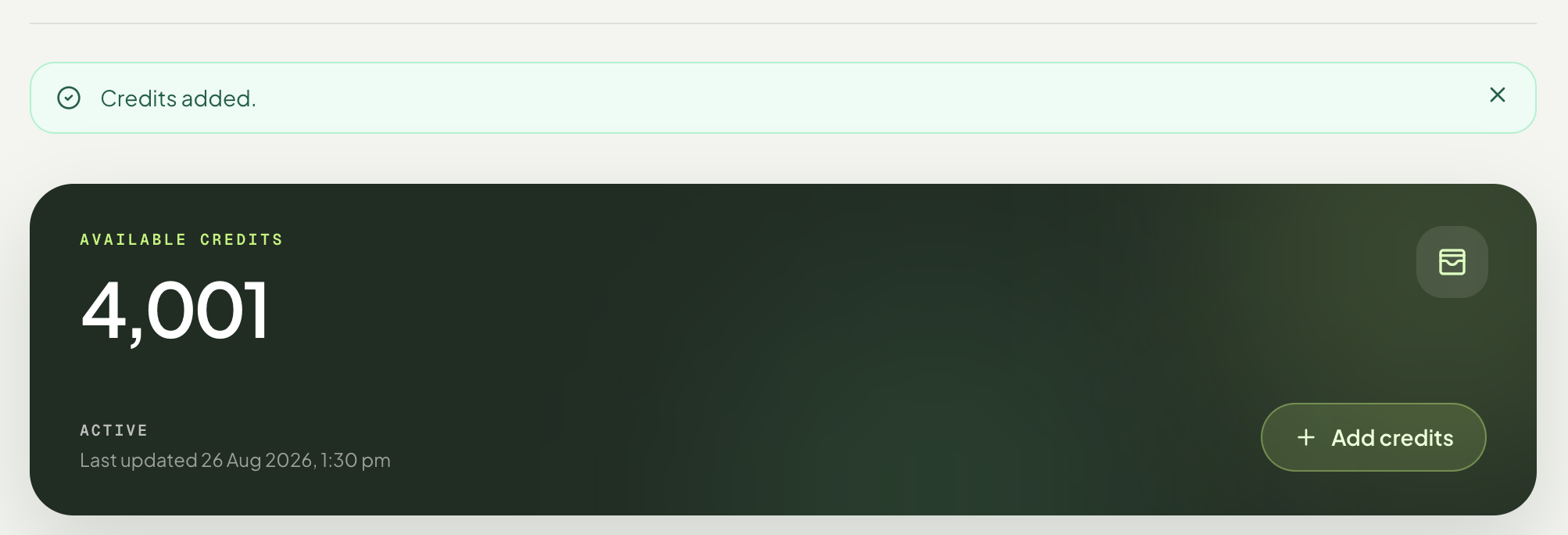 Credits added confirmation and updated available credit balance