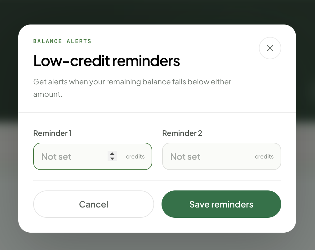 Low-credit reminder form with two remaining-balance alert amounts
